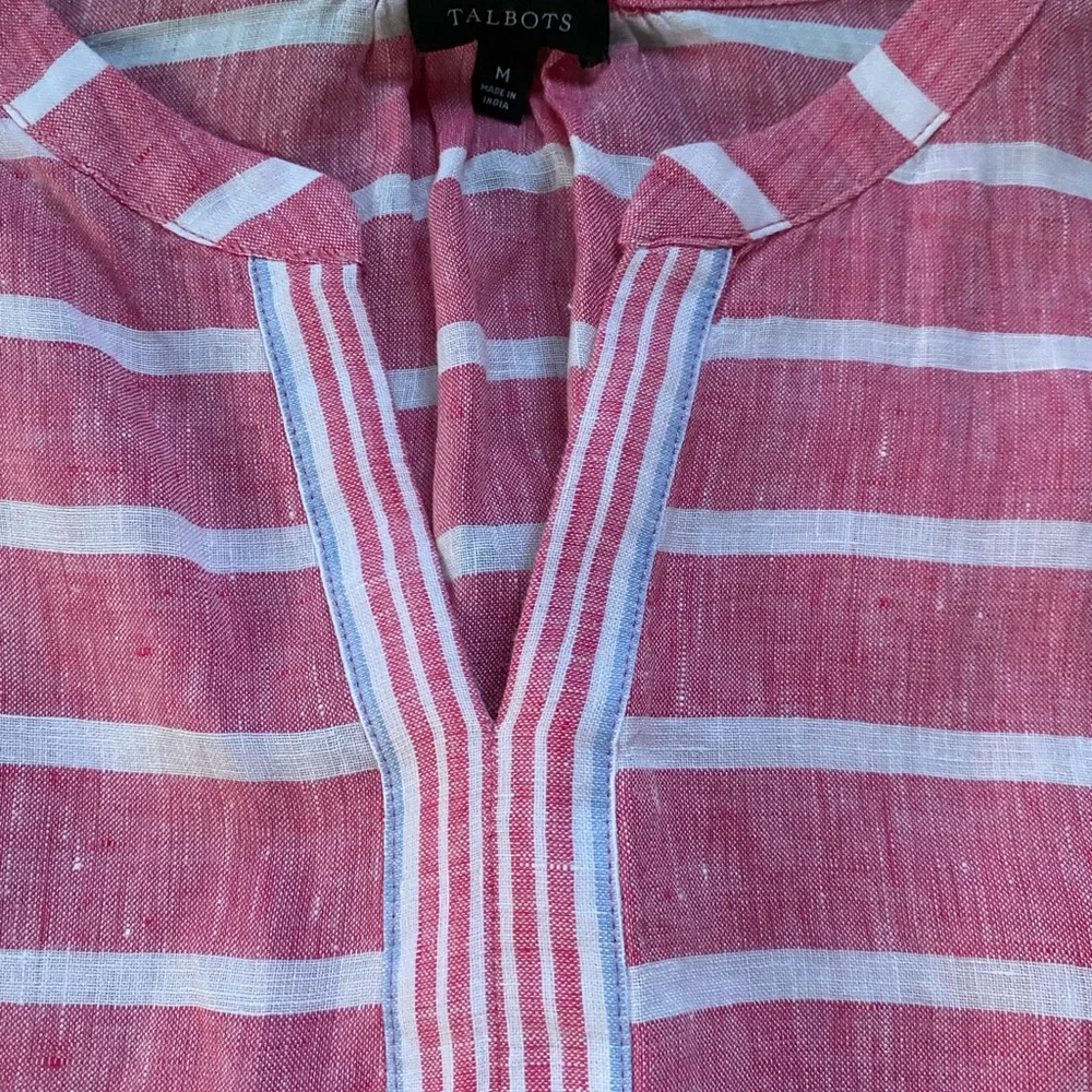 Talbots Linen Popover Top Pink Stripe Short Sleeve V Neck; Size: Medium - Picture 4 of 9